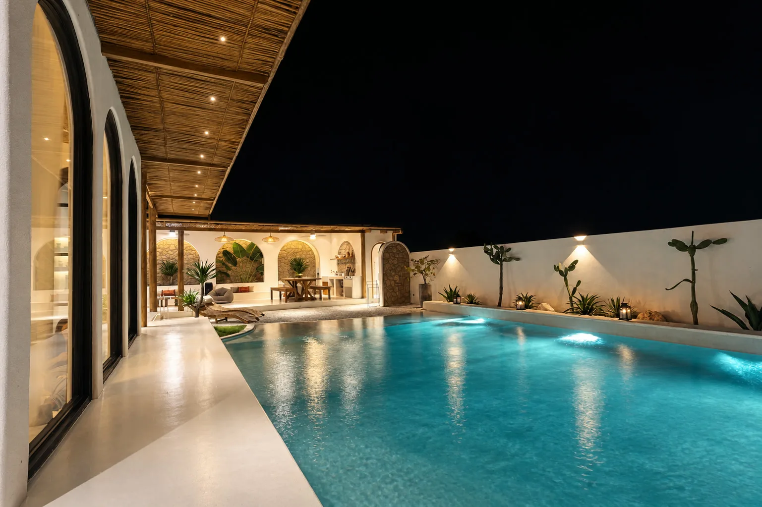 Night view along the illuminated Casa Tanaw pool toward its planted perimeter