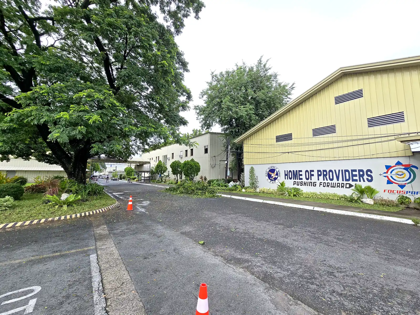 Roadway bordered by mature trees and planting beside the Home of Providers building