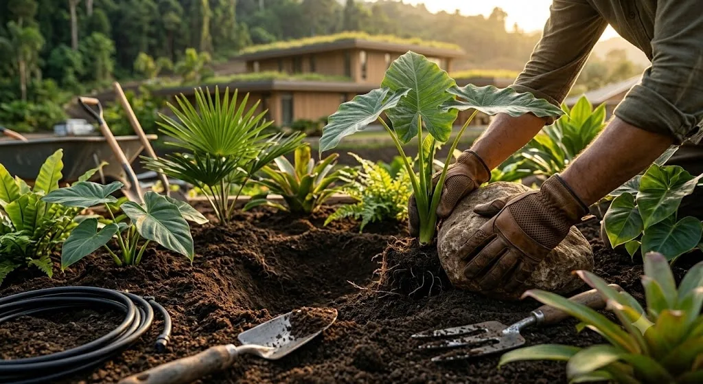 Landscapers installing a garden